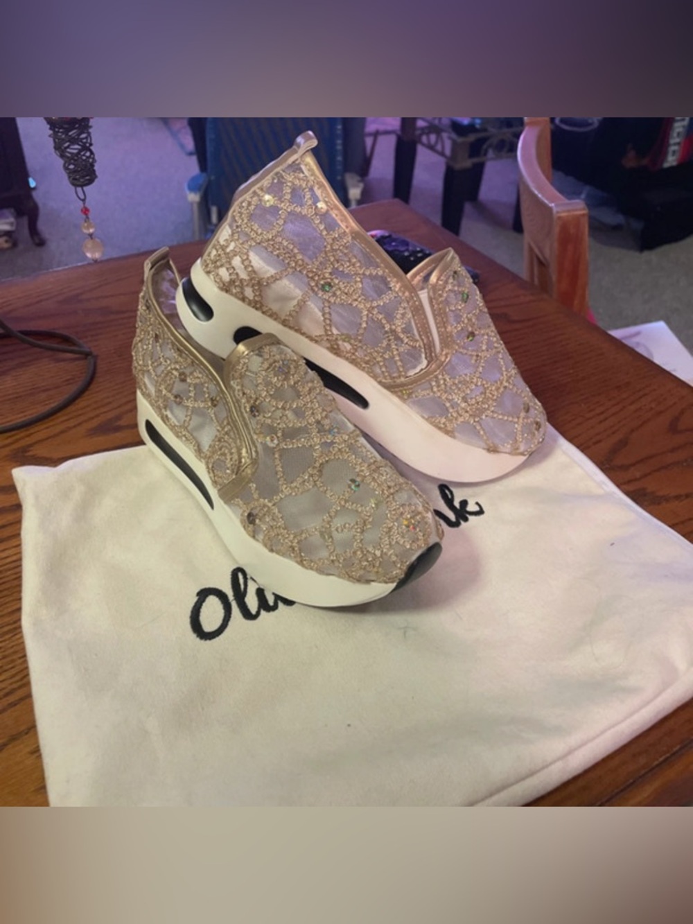 New-8 wedding or bridal Gold Lace Slip-On Sneaker gemstones anti anti-slip sole